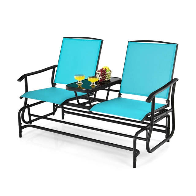 2-Person Outdoor Glider Chair with Center Tempered Glass Table, Steel Frame & Breathable Mesh, Patio Rocking Bench for Porch Garden Poolside