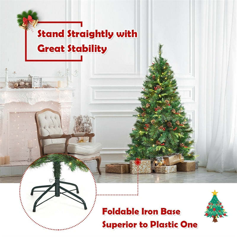 5FT Pre-lit Artificial Hinged Christmas Tree with 150 LED Lights Metal Stand