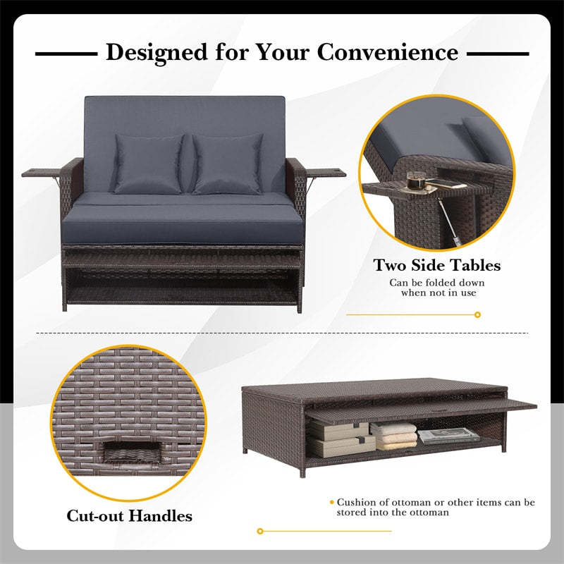 Patio Rattan Daybed Set, Outdoor Wicker Loveseat Sofa w/Multipurpose Ottoman, Retractable Side Tray, 4-Level Adjustable Backrest & Cushions