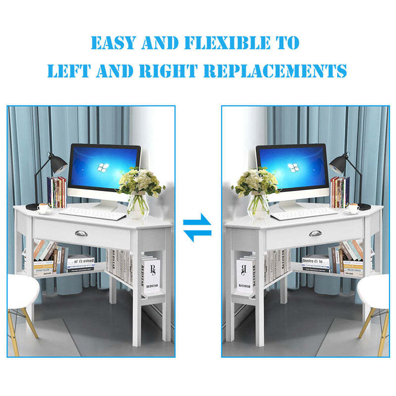 Corner Desk Triangle Computer Desk Laptop Writing Table Workstation Vanity Desk with Drawers & Storage Shelves