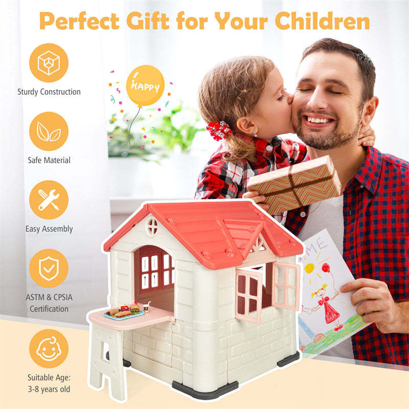 Kids Playhouse, Cottage Pretend Play House with 7PCS Toy Set, Picnic Table & Waterproof Cover for Indoor Outdoor, Boys & Girls Gifts