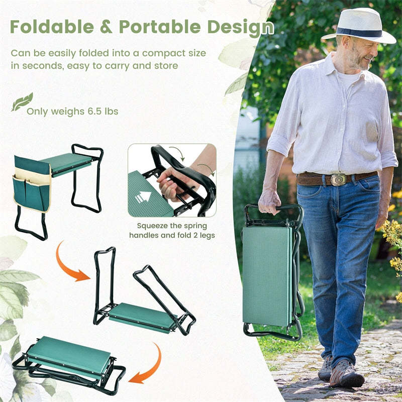 Folding Garden Kneeler Seat with Tool Pouch & Padded Cushion