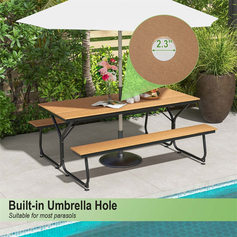 6FT Outdoor Picnic Table Bench Set for 6-8 Person, All-Weather HDPE Heavy-Duty Picnic Table with 2 Benches & Umbrella Hole, 2550LBS Capacity