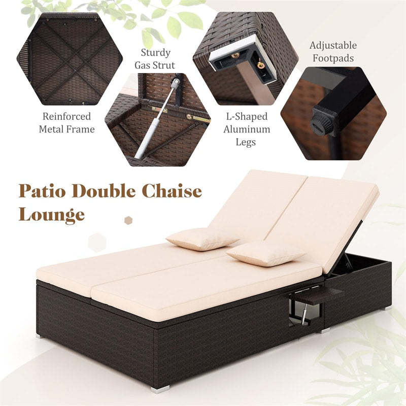Outdoor Patio Daybed Rattan Double Chaise Lounge with Cushions, Pillows, Folding Side Trays, 6-Position Adjustable Backrest Wicker Loveseat Lounger