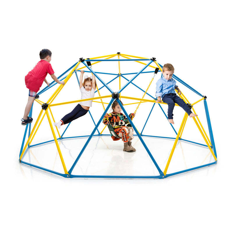 10FT Climbing Dome with Swing, Geometric Dome Climber Indoor Outdoor Jungle Gym Monkey Bar Climbing Toys for Kids Toddlers