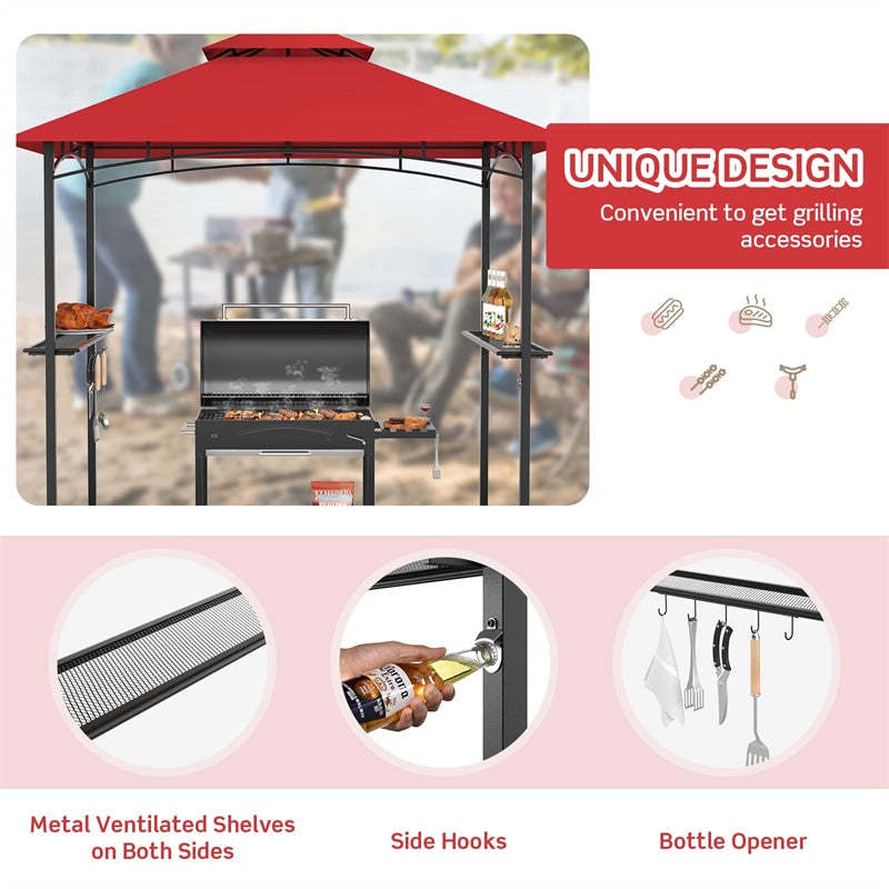 8' x 5' Grill Gazebo Double Tier Vented Roof Outdoor Barbecue Gazebo Canopy Tent BBQ Shelter Gazebo with 2 Side Shelves