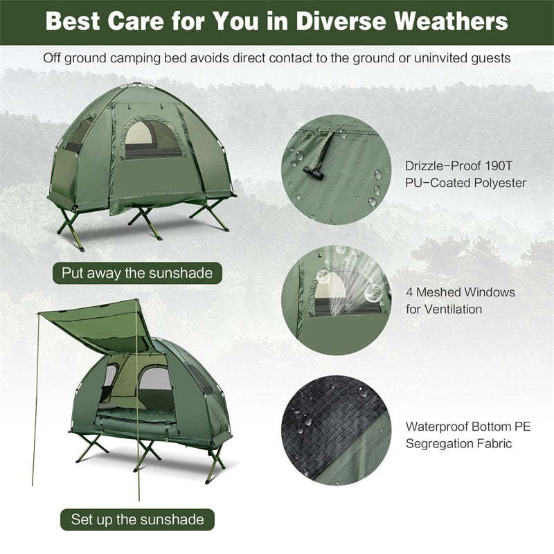 5-in-1 Tent Cot 1-Person Portable Camping Tent Combo with Awing Air Mattress & Sleeping Bag