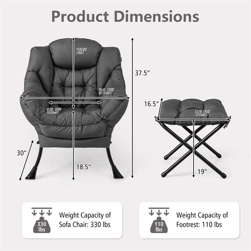 Lazy Chair Modern Fabric Leisure Lounge Armchair Upholstered Accent Sofa Chair with Folding Ottoman & Storage Pocket
