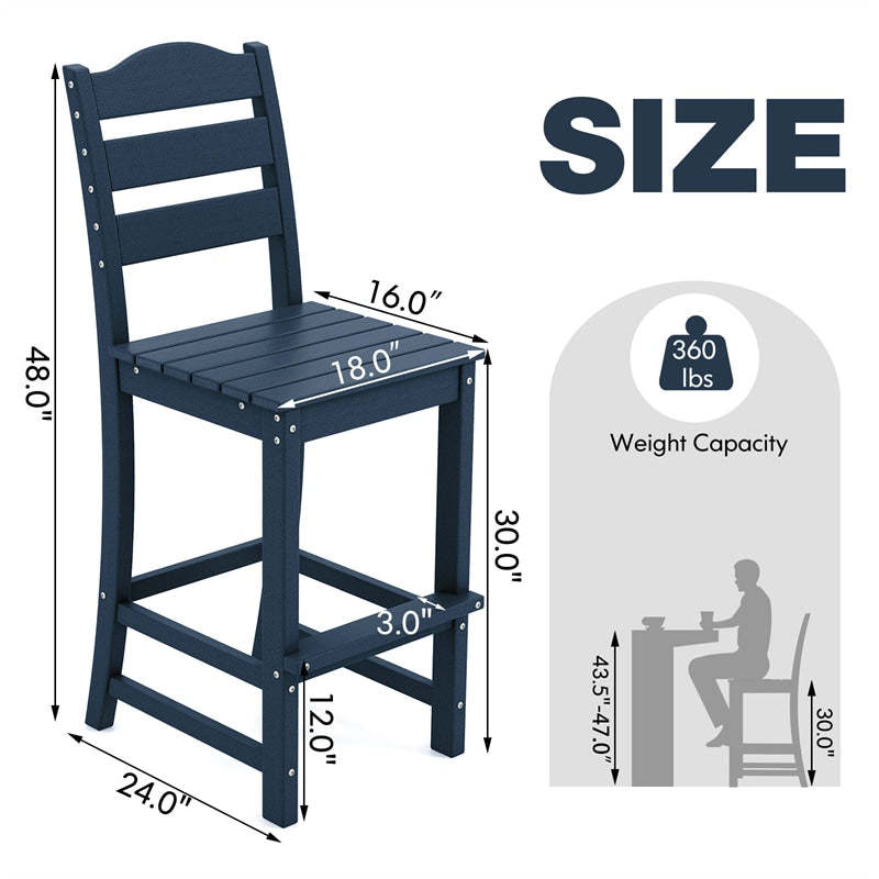 Outdoor HDPE Bar Stool, 30" Tall All Weather Patio Bar Chair with Backrest & Footrest for Garden, Backyard, Easy Maintenance
