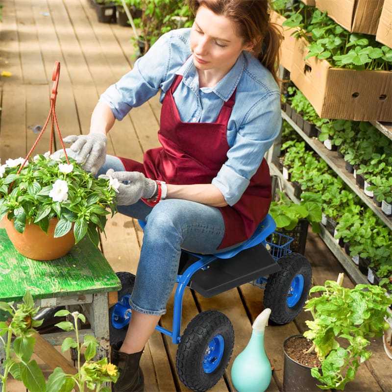 Rolling Garden Cart with 360° Swivel Seat, Tool Basket, Adjustable Height, 300LB Capacity Heavy Duty Gardening Seat for Lawn, Yard Work, Seniors