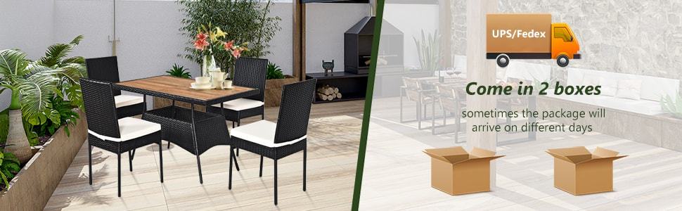 5 Piece Wicker Outdoor Rattan Patio Dining Set Glass Table & Cushioned Chairs