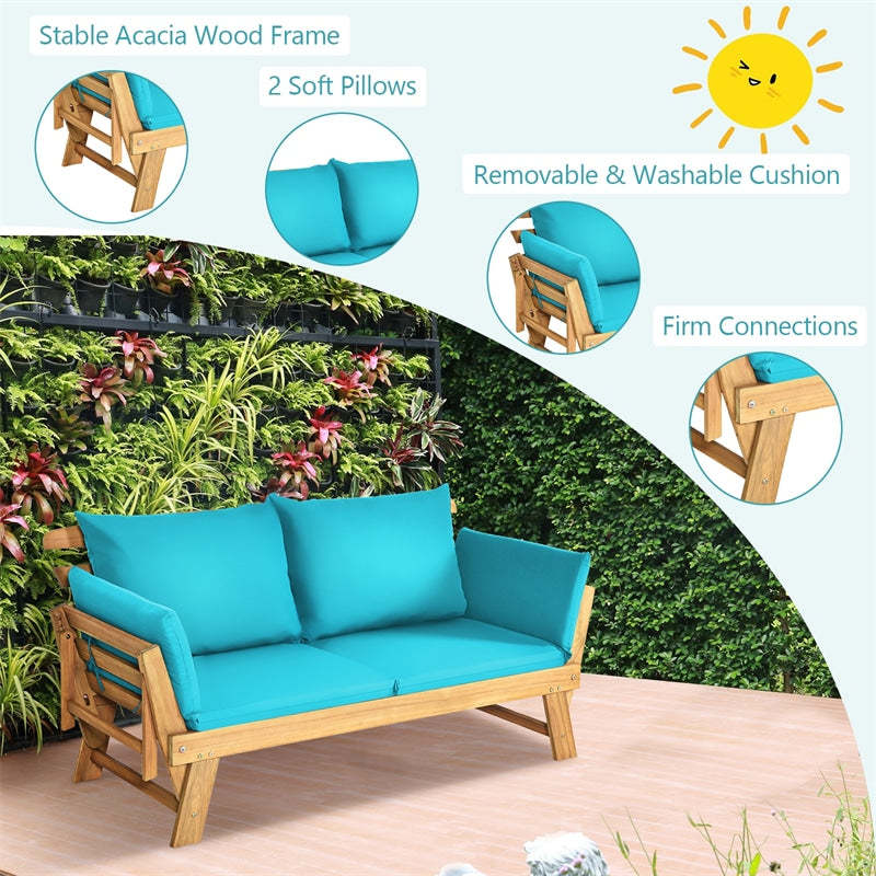 Outdoor Acacia Wood Convertible Sofa Daybed with Adjustable Armrests, Cushions & Pillows, Folding Patio Couch Sofa Bed for Porch Poolside