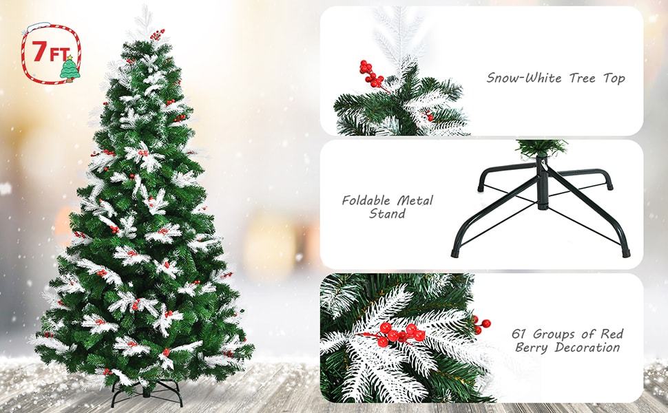 7ft Unlit Snow Flocked Hinged Christmas Tree with Folding Metal Stand