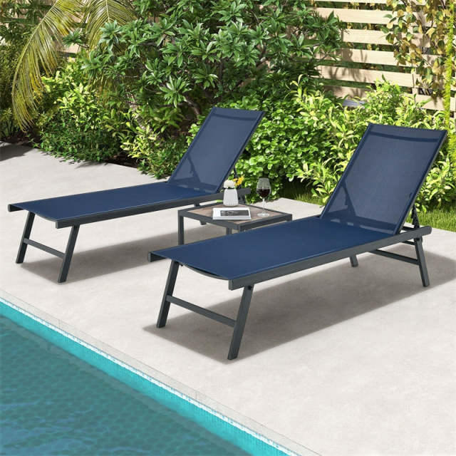 3-Piece Outdoor Aluminum Chaise Lounge Set with Side Table, 6-Position Adjustable Backrest Patio Lounge Chair for Poolside & Backyard