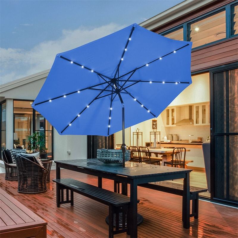 10' Solar LED Lighted Patio Market Umbrella Shade Tilt Adjustment Crank-Blue | Costway 10' Solar LED Lighted Patio Market Umbrella Shade Tilt Adjustment Crank-Blue | Costway