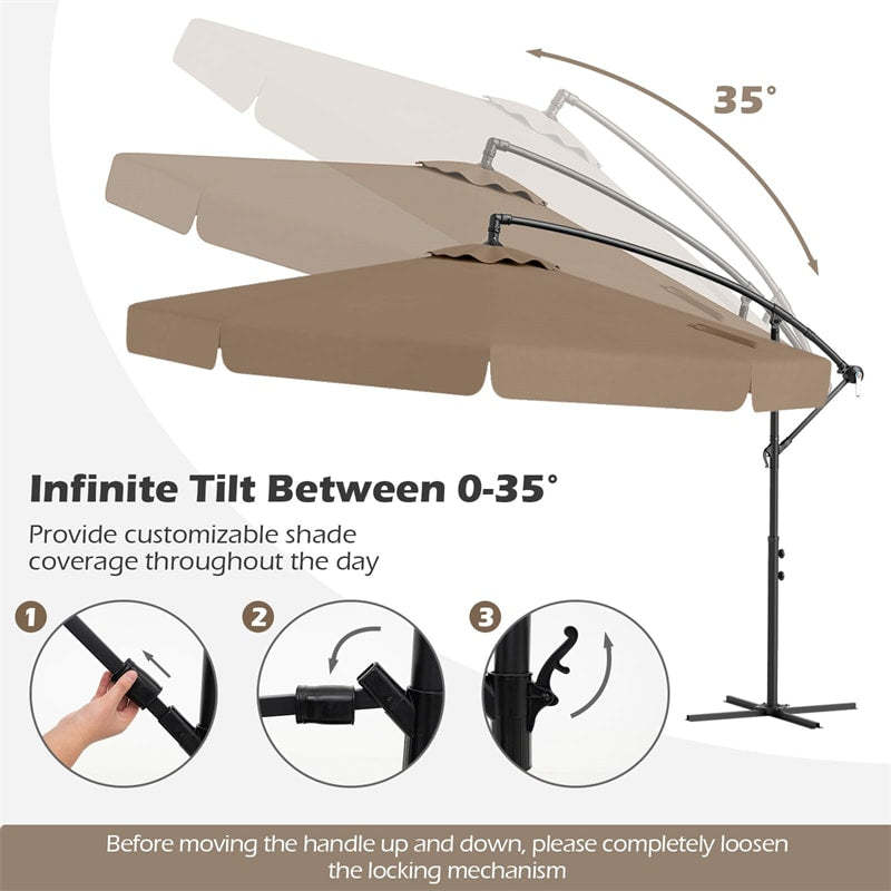 10FT Offset Cantilever Umbrella with Cover, Tilt Adjustment & Crank, 8-Rib Heavy-Duty Vented Ruffled Patio Umbrella for Poolside/Garden/Deck