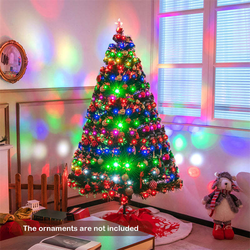 6FT Fiber Optic Artificial Christmas Tree Pre-Lit Xmas Full Tree 230 Branch Tips with Colorful LED Lights, 8 Lighting Modes & Metal Stand