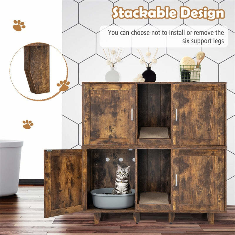 Double Cat Litter Box Enclosure, Large Hidden Cat Washroom Furniture with 2 Cabinets & Scratching Board, Cat House TV Stand Side Table