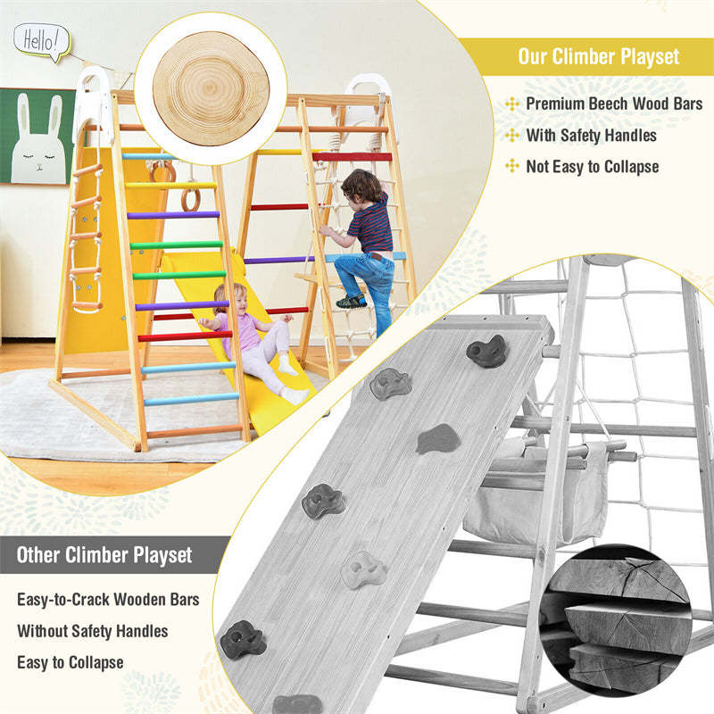 8-in-1 Montessori Toddler Indoor Playground Jungle Gym Wooden Climber Playset Climbing Toys with Slide & Gymnastic Rings