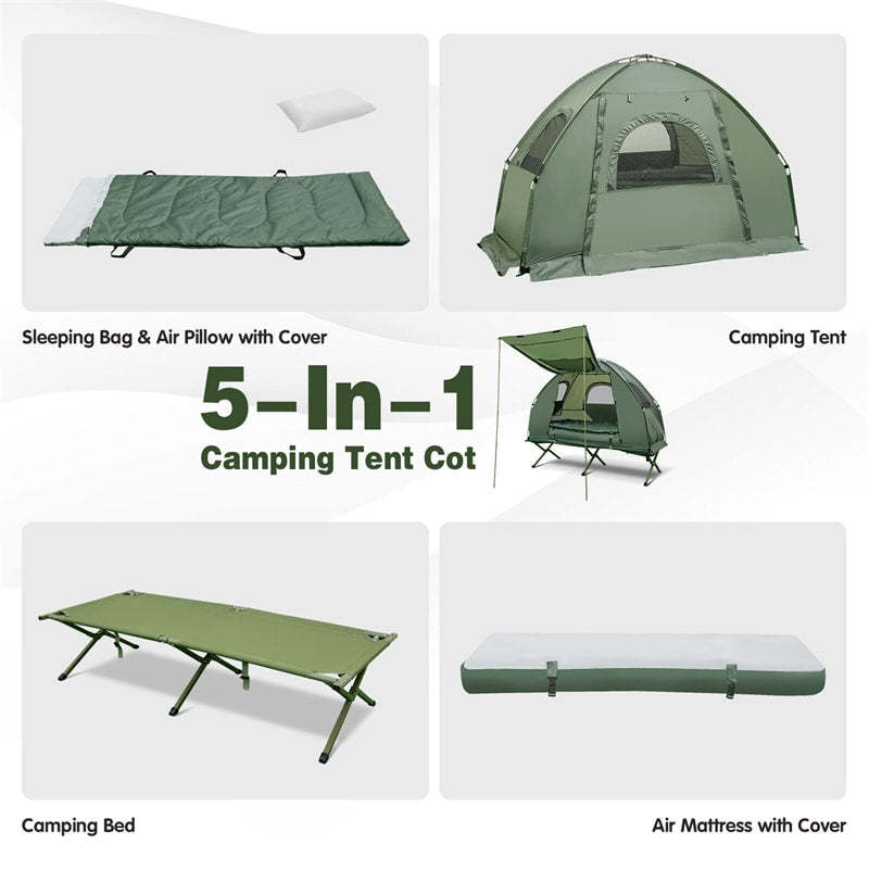 5-in-1 Tent Cot, 1-Person Elevated Camping Cot with Sunshade, Air Mattress, Sleeping Bag & Carry Bag, Waterproof Tent Cot for Outdoor Camping, Hiking