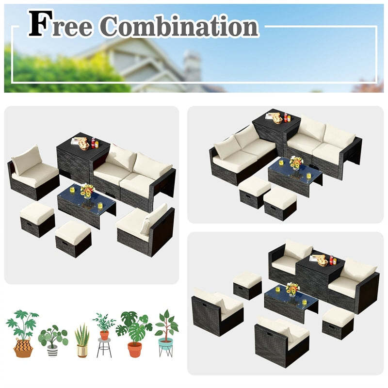 8PCS Wicker Outdoor Sectional Set, Patio Rattan Furniture Set with Storage Box, Coffee Table, Sofas, Ottomans, Cushions & Waterproof Cover