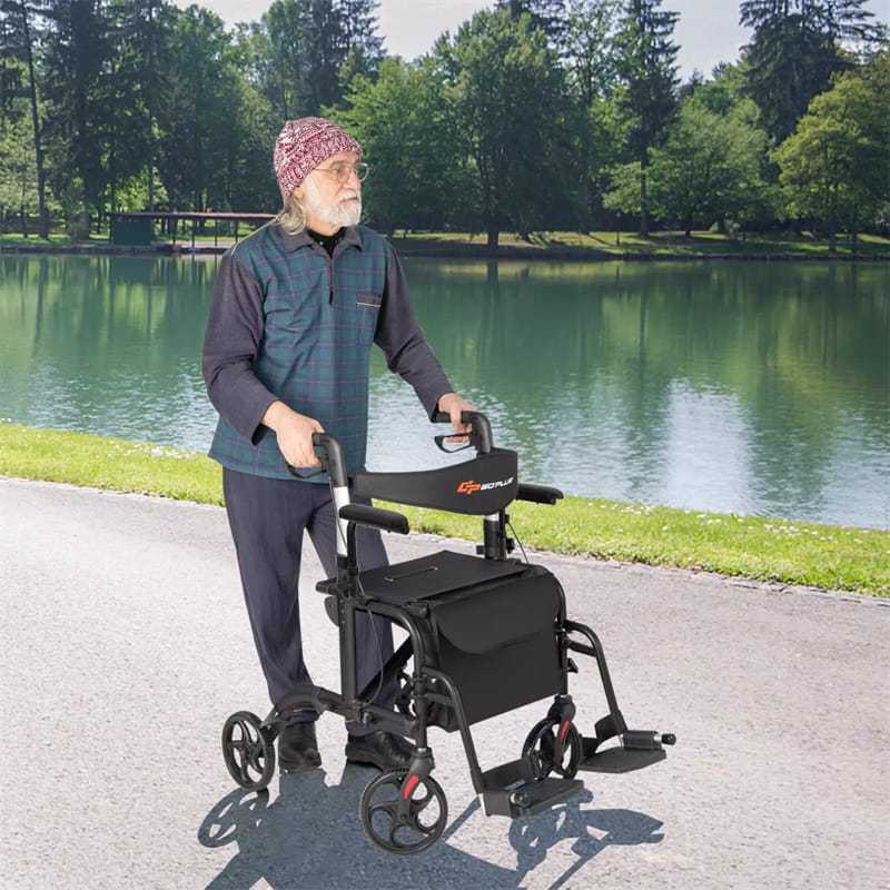 2-in-1 Folding Rollator Walker Wheelchair Combo with Backrest & Adjustable Height, 300lbs Aluminum Mobility Walking Aid for Seniors/Adults