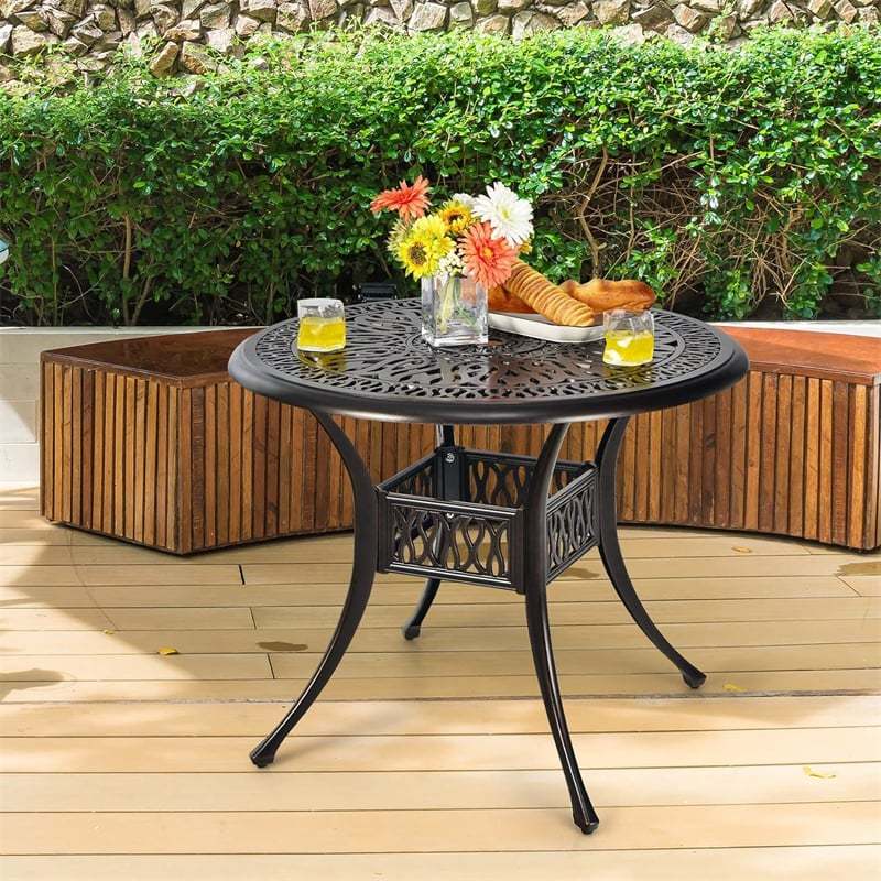36" Cast Aluminum Bistro Table, Outdoor Round Dining Table with Umbrella Hole, Adjustable Footpads & Weather-Resistant for Backyard, Poolside, Garden