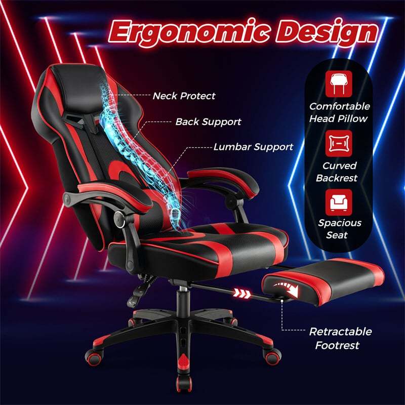 E-Sports Gaming Chair Ergonomic Racing Style Office Computer Chair Height Adjustable Reclining Video Game Chair with Lumbar Support & Footrest