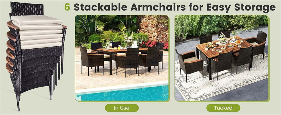 7 Piece Patio Dining Set PE Rattan Outdoor Dining Furniture Set for 6 with Stackable Wicker Chairs, Acacia Wood Table, Umbrella Hole & Seat Cushions