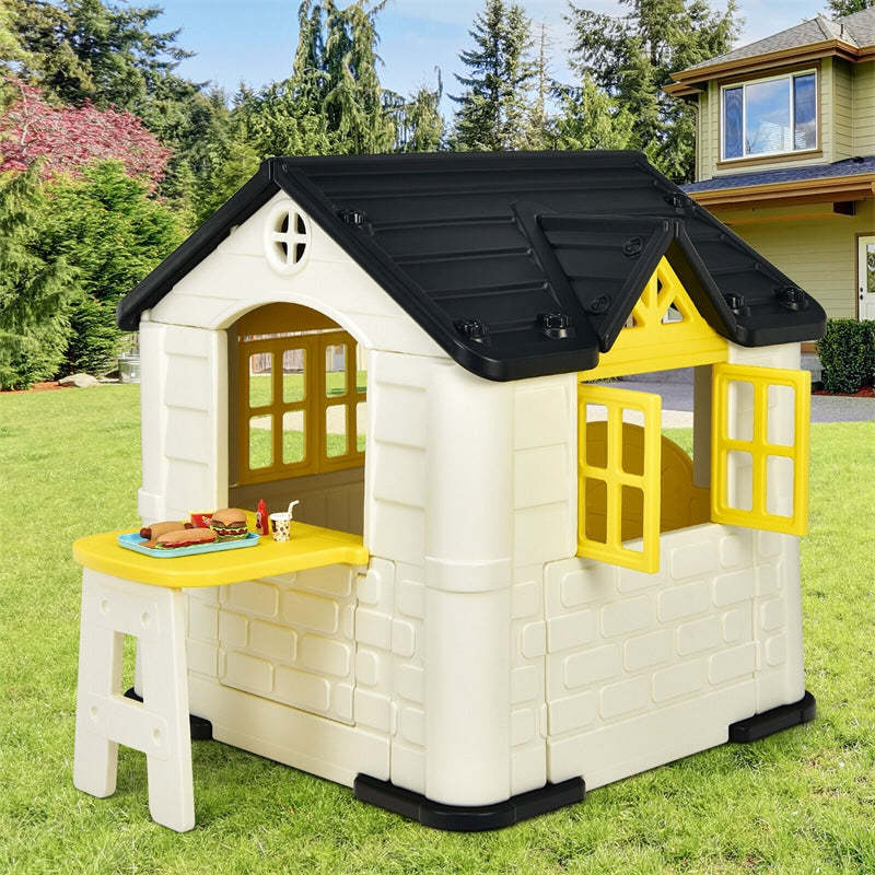 Kids Playhouse, Cottage Pretend Play House with 7PCS Toy Set, Picnic Table & Waterproof Cover for Indoor Outdoor, Boys & Girls Gifts