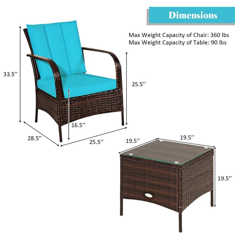 3PCS Patio Rattan Furniture Set with 2 Chairs, Cushions & Tempered Glass Top Coffee Table, Outdoor Wicker Conversation Set for Garden Deck