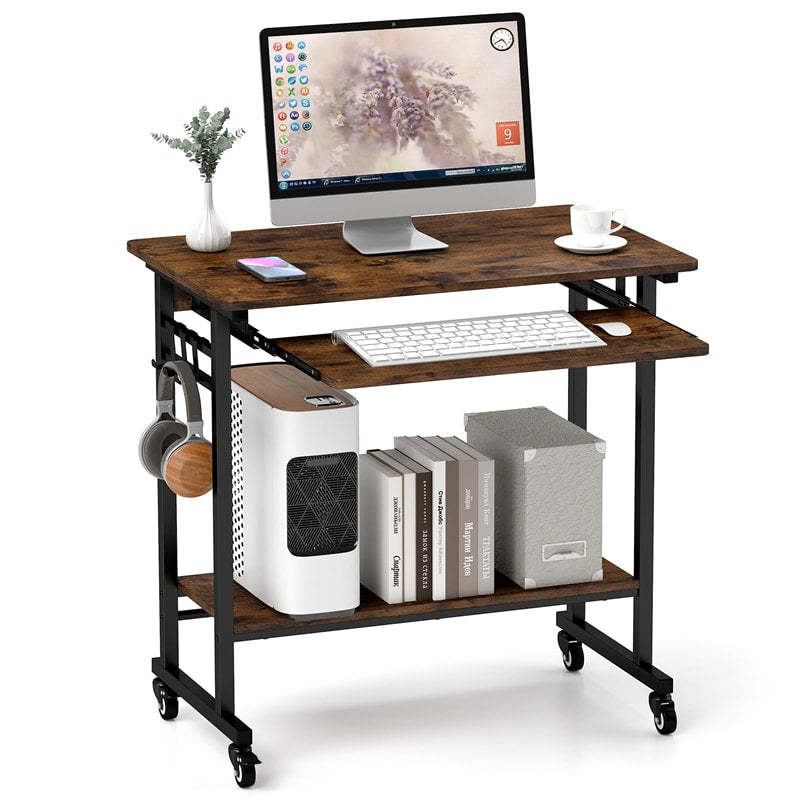 Rolling Computer Desk Cart, Mobile Laptop Desk with Keyboard Tray & CPU Stand, Industrial Small Desk on Wheels for Small Spaces, Home Office, Bedroom