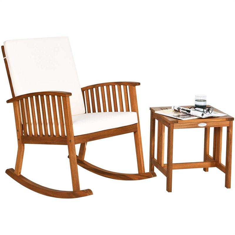 2-Piece Acacia Wood Rocking Bistro Set, Outdoor Rocking Chair with Coffee Table & Detachable Cushions for Patio, Backyard, Porch & Indoors