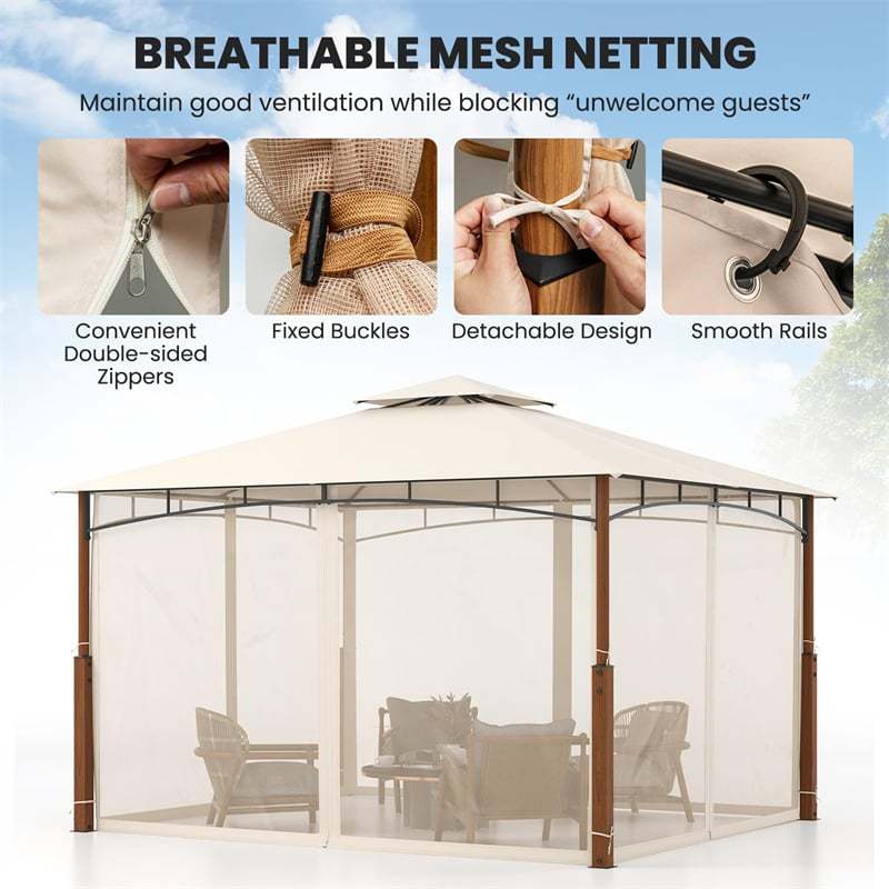 12' x 10' Outdoor Patio Gazebo with Netting, 2-Tier Canopy Roof Gazebo Tent Metal Frame Sunshade Shelter for Patio Yard Garden Lawn Deck