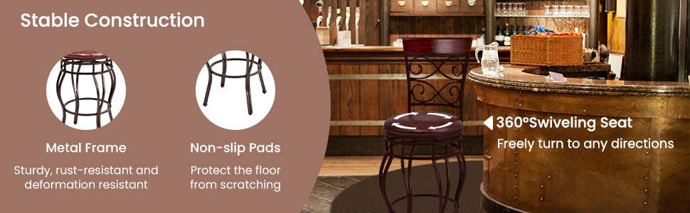 360° Swivel Bar Stools Set of 2, 30" Bar Height Barstools Leather Padded Seat Bistro Dining Kitchen Pub Metal Chairs with High Back