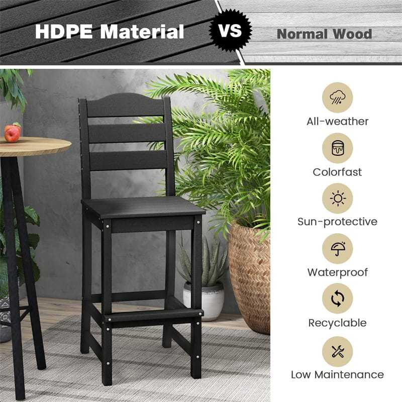 Outdoor HDPE Bar Stools Set of 2, 30" Tall All-Weather Patio Bar Chairs with Backrest & Footrest for Garden, Backyard, Easy Maintenance