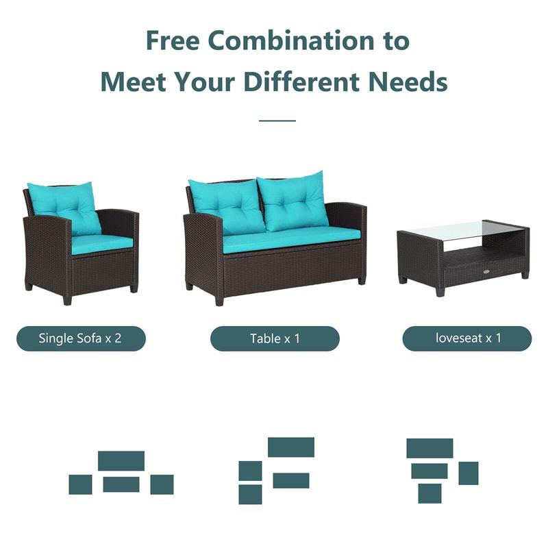 4 Piece Outdoor Rattan Furniture Set, Patio Conversation Set with Lower Shelf Coffee Table, Loveseat, 2 Cushioned Chairs for Garden Backyard