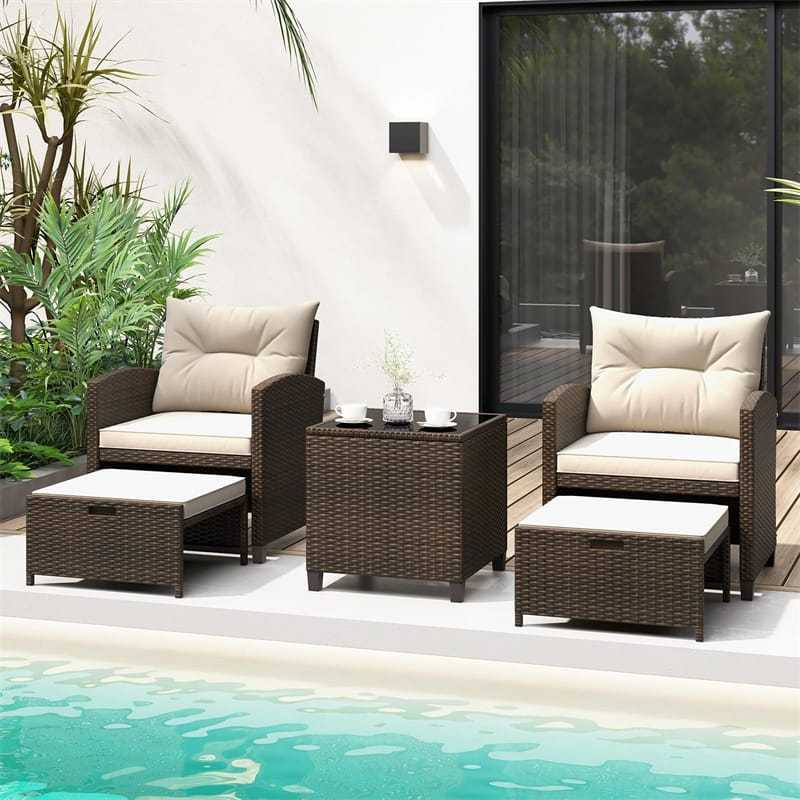 5-Piece Patio Rattan Furniture Set, Cushioned Wicker Chairs with 2 Ottomans & Glass Coffee Table, Outdoor Sectional for Porch Backyard Poolside