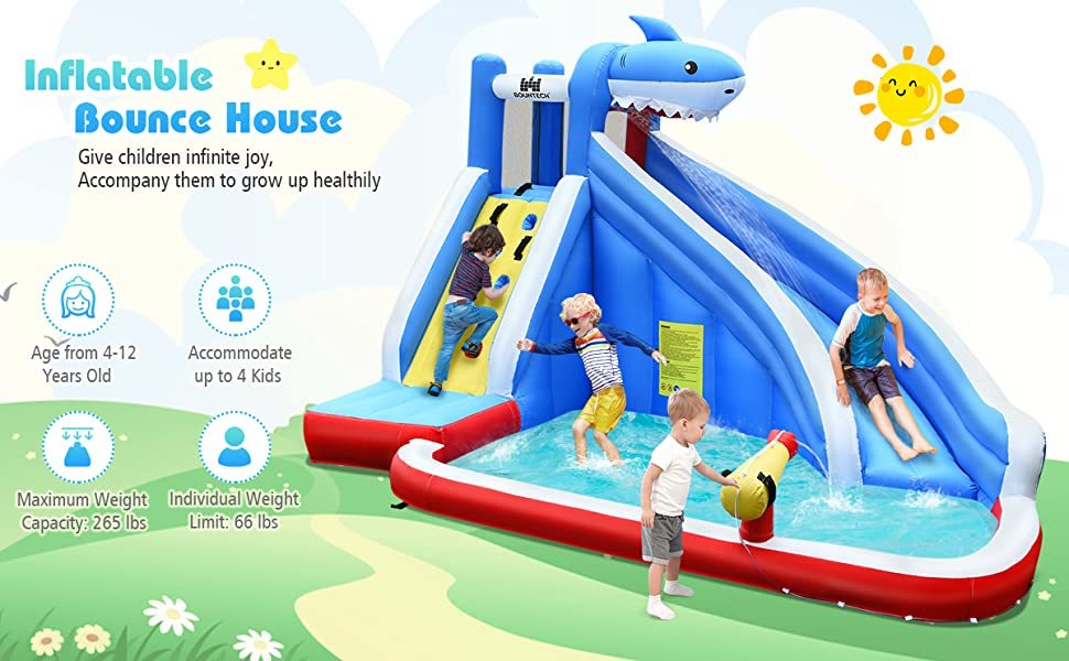 Inflatable Water Slide Shark Bounce House Castle Splashing Pool without Blower