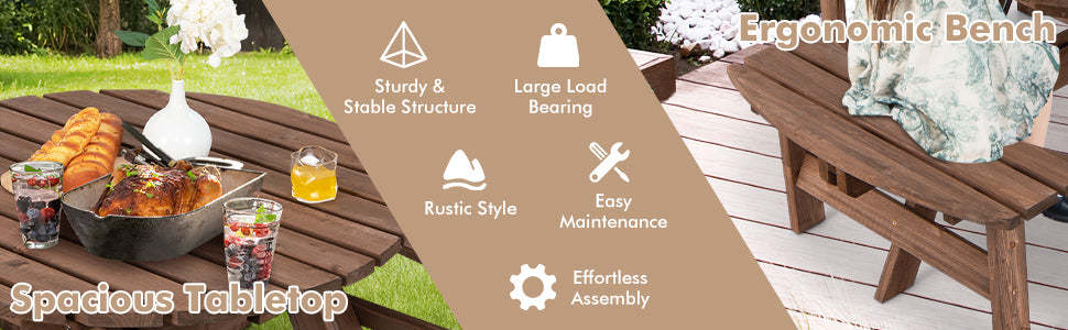 8-Person Wood Patio Picnic Dining Table Bench Set with Umbrella Hole for Garden Yard