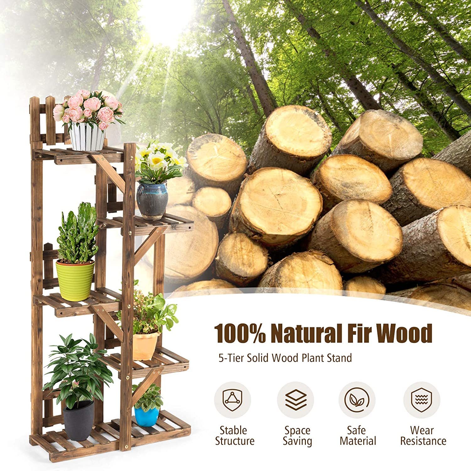 5 Tier Wood Plant Stand Flower Rack Outdoor Display Shelf