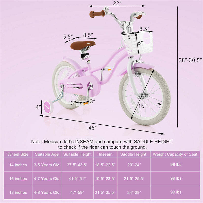 16" Kids Bike, Toddler Bicycle with Training Wheels, Adjustable Seat & Removable Basket, Boys Girls Bike for 3-8 Years Old