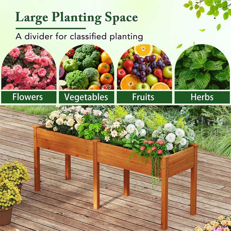 Raised Garden Bed with Legs, 73"x23"x30" Elevated Wood Planter Box with Divider Panel & Drainage Holes for Vegetables, Flowers, Fruits, Herbs