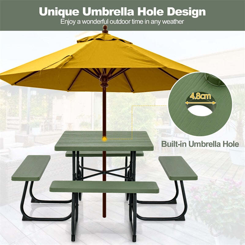 8-Person Picnic Table Set, Square Outdoor Table with 4 Built-in Benches, Umbrella Hole, HDPE Top, Metal Frame, 500LBS Capacity for Garden Patio