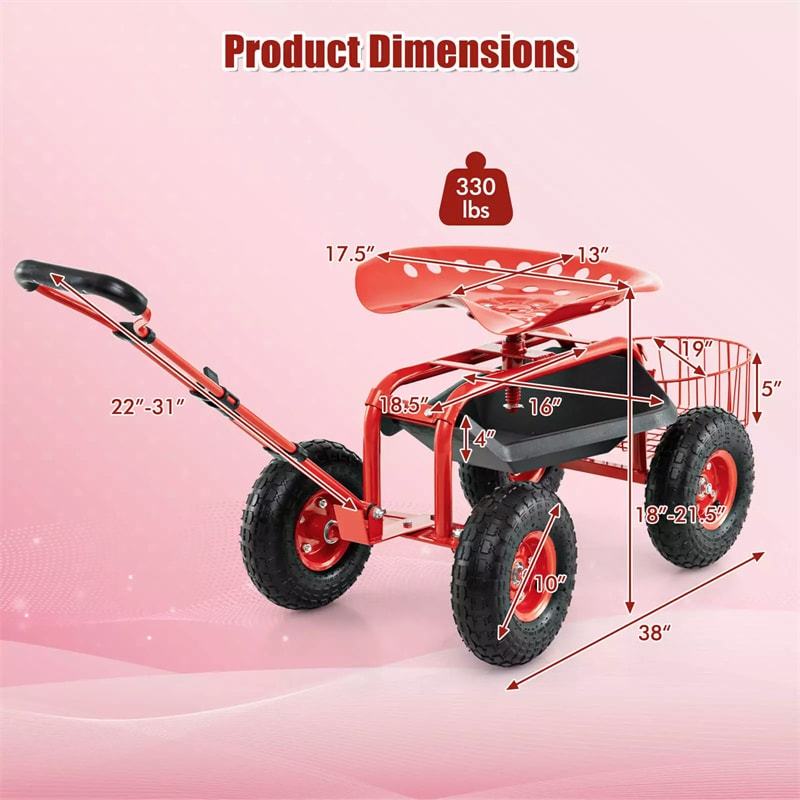 Heavy Duty Rolling Garden Cart with 360° Swivel Seat, Extendable Handle, Tool Tray & Storage Basket, 4-Wheel Gardening Workseat for Patio Yard