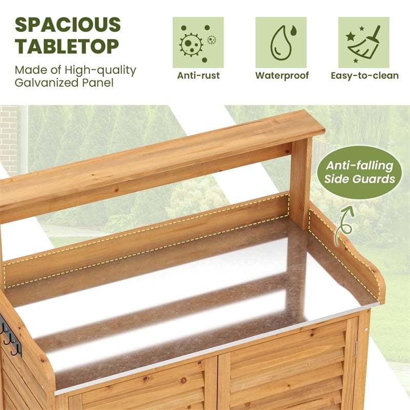 Outdoor Potting Bench Garden Potting Table w/ Storage Cabinet, Galvanized Metal Tabletop & Removable Shelves, Wood Workstation Shed for Patio Backyard