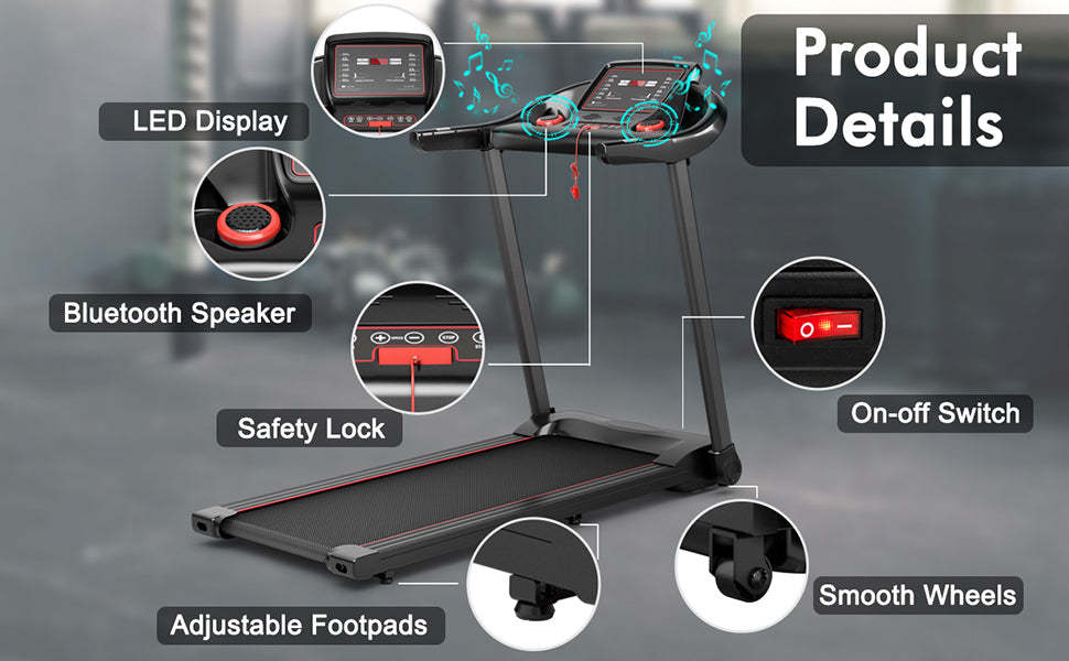 2.25HP Folding Treadmill Portable Electric Superfit Treadmill Walking Running Machine with APP Control LED Display Bluetooth Speaker