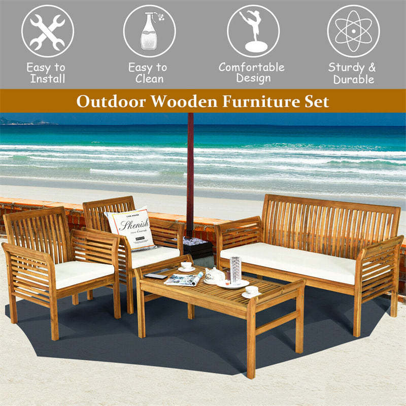 4 Piece Outdoor Acacia Wood Sofa Set with Waterproof Cushions & Coffee Table, Wooden Patio Conversation Set for Backyard, Poolside, Garden