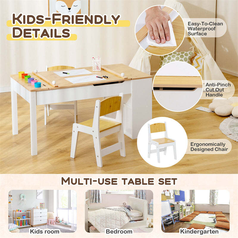 2-in-1 Kids Craft Table and Chair Wooden Art & Activity Table with Paper Roller, 6 Paint Cups & 6 Storage Bins
