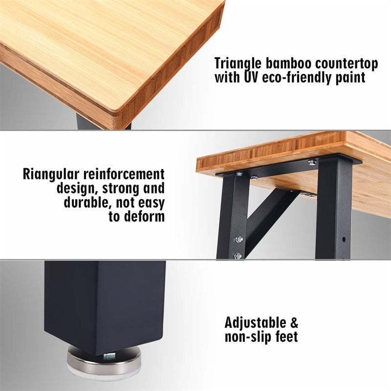 65" Bamboo Top Workbench, Heavy-Duty Steel Work Table for Garage with Triangle Reinforcement, Easy Assembly Hardwood Workstation